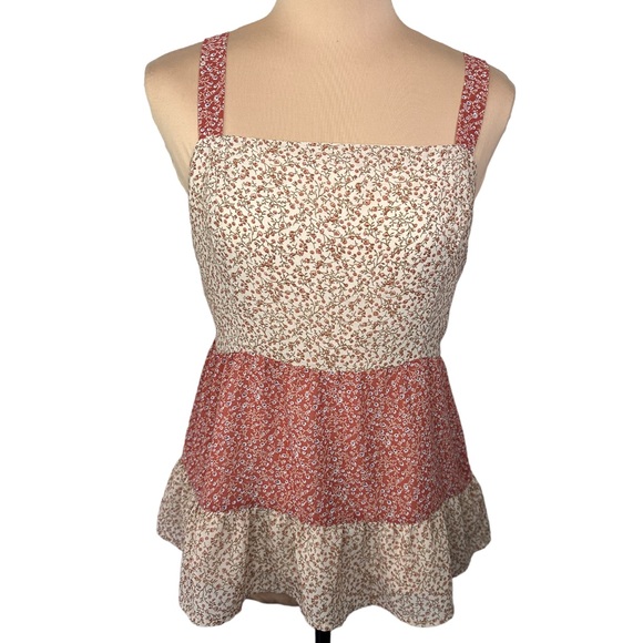 Paper Crane Tops - Paper Crane Pink and Cream Patchwork Floral Print Square Neck Tank Top, Size M